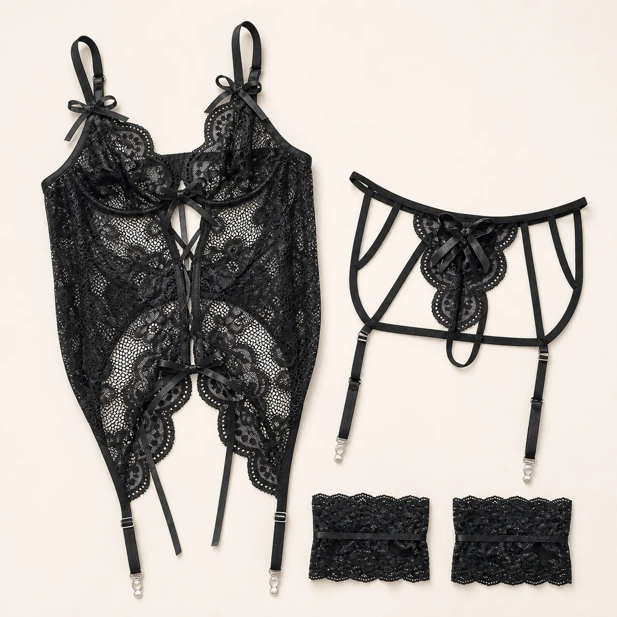 A03371 Black Lace Underwire Garter Set