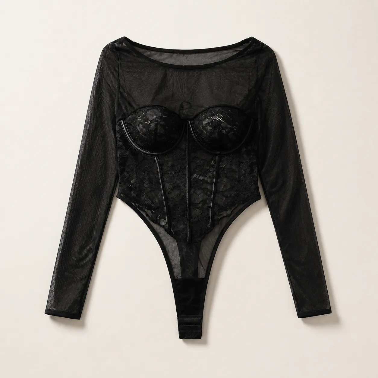 Benjie XZ4947A Black Long-Sleeve Floral Lace Bodysuit