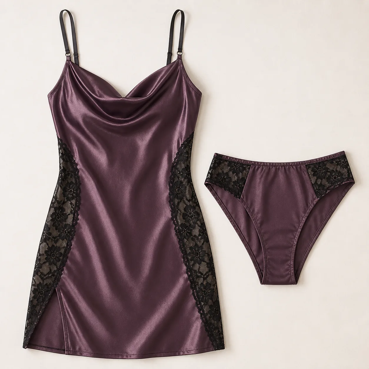 Bias-Cut Cowl-Neck Satin Slip with Twin Floral-Lace Side Panels and Brief