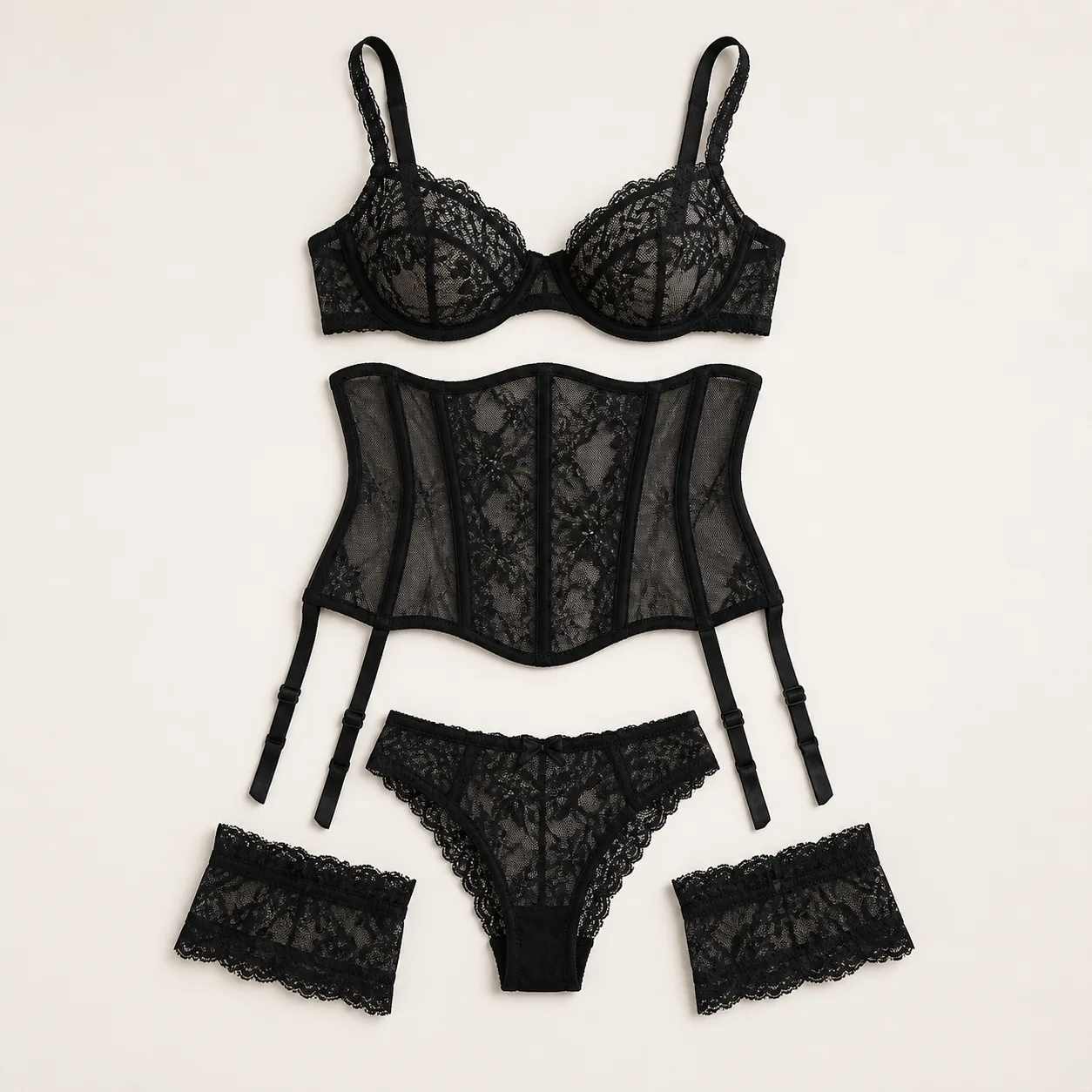 KM-070035 Plus-Size Five-Piece Lace Corset Lingerie Set: 4 Colours