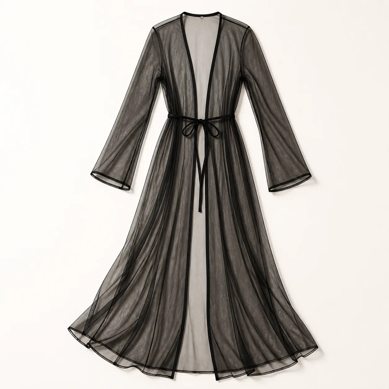 XH22R22 Black Floor-Length Sheer Mesh Robe: XS-5XL