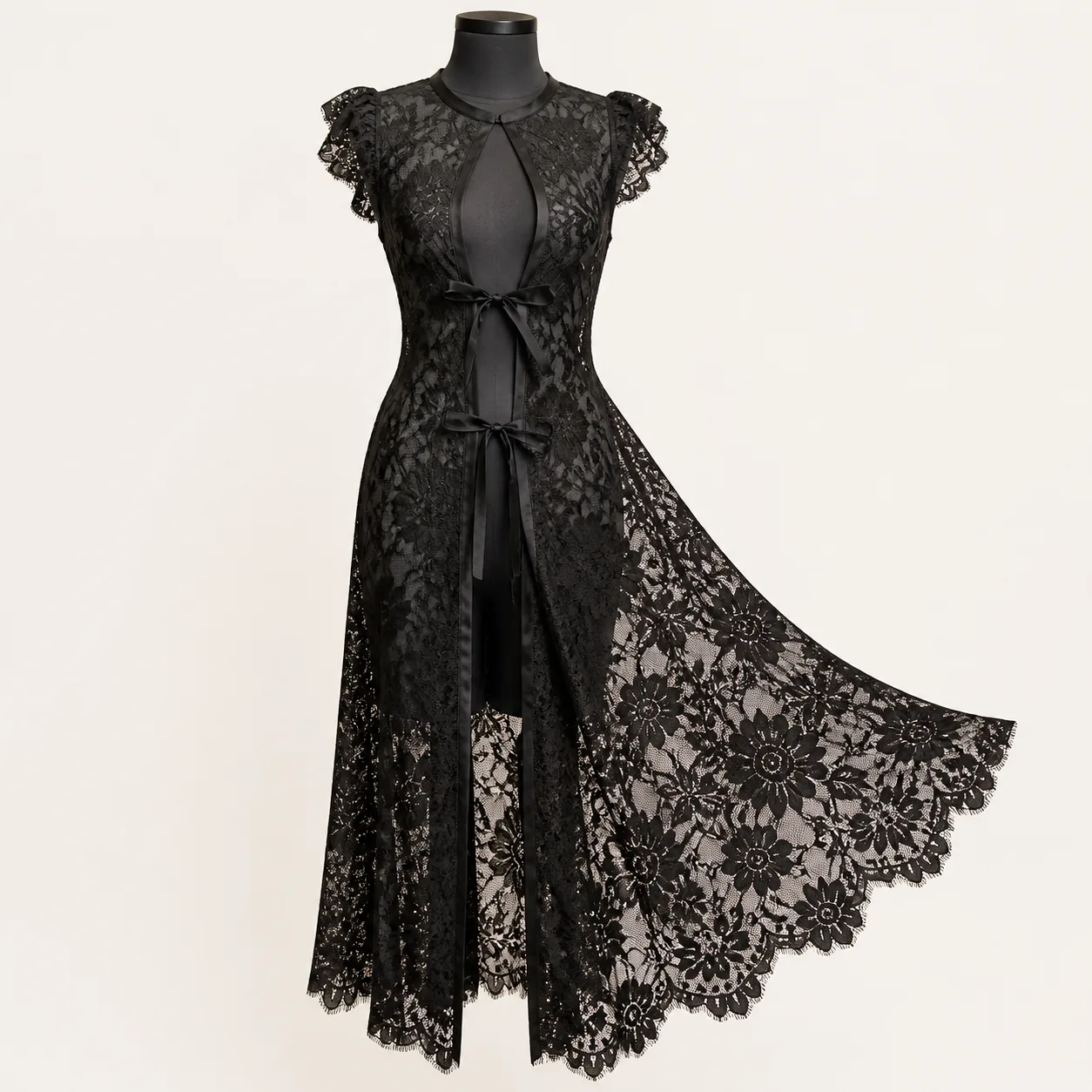 Black Floral-Lace Keyhole Long Gown Robe with Twin Satin Ties