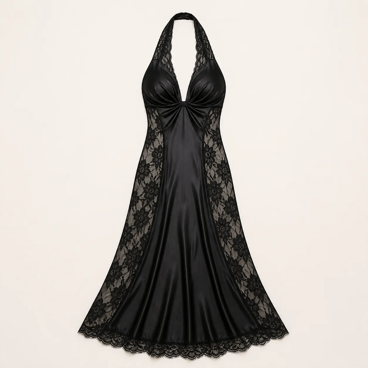 YAX5301 Black Satin Lace Halter Long Chemise: S-2XL