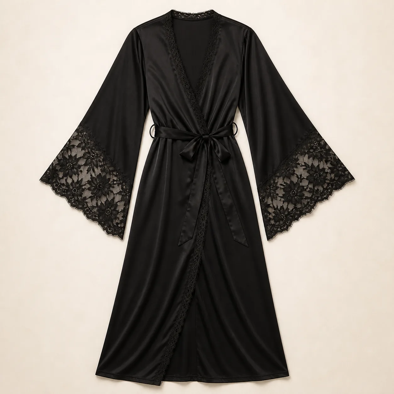 Black Satin Lace-Trim Bell-Sleeve Maxi Robe