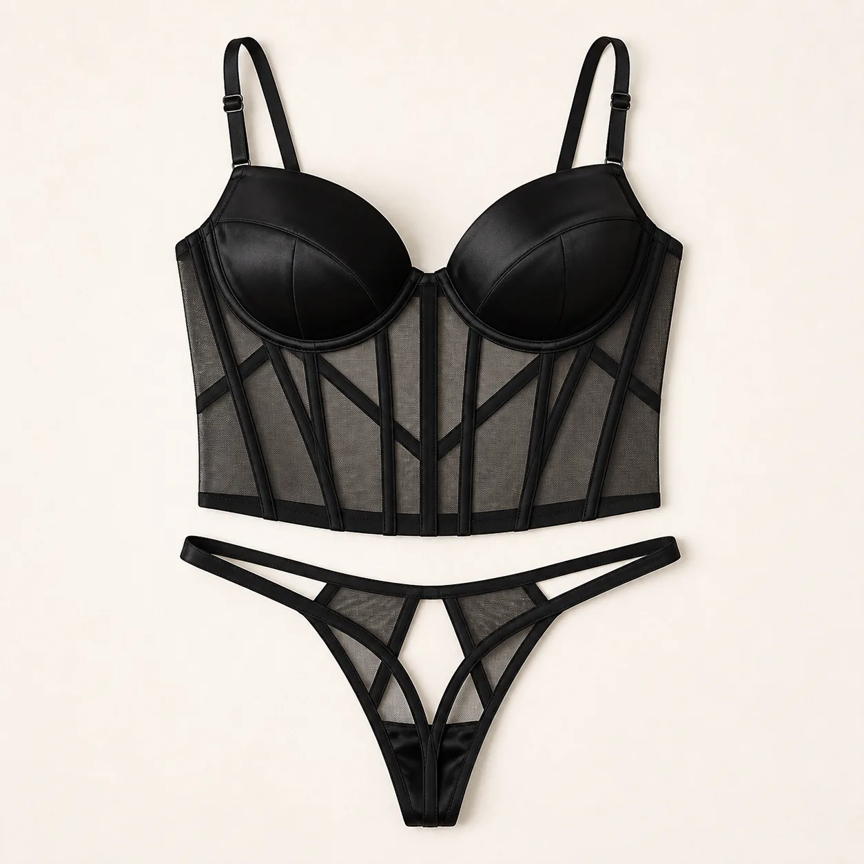 Black Satin-Mesh Longline Corset Bra and Cutout Thong Set