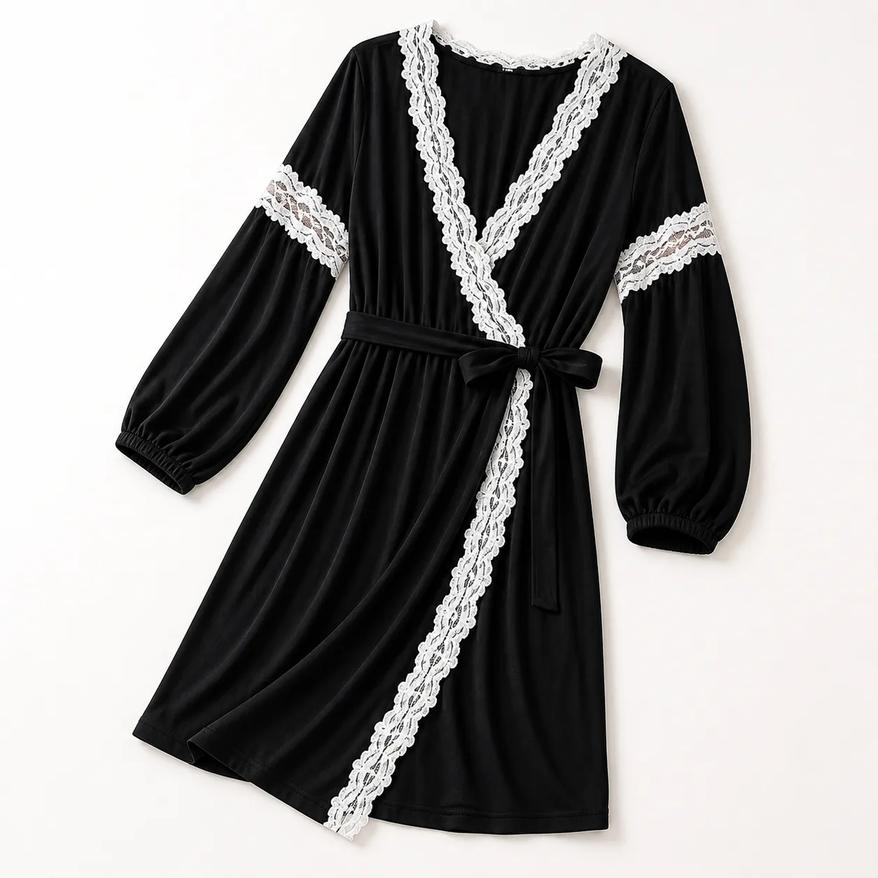 LilyLouhome Black Lace-Trim Wrap Robe: S-2XL