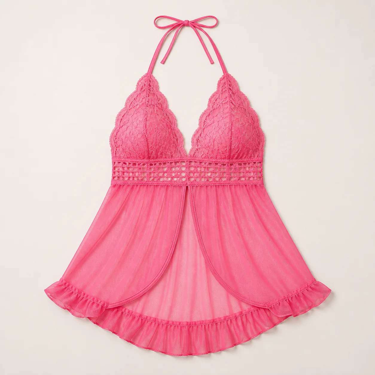Bright Pink Halter Babydoll Chemise with Lace Cups and Ruffled Open Front