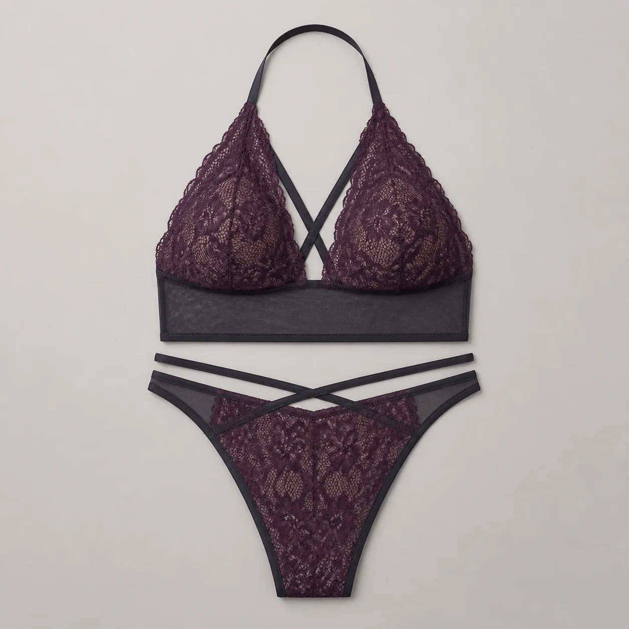 Cross-Halter Floral-Lace Longline Bralette and Twin-Wrap-Waist High-Leg Brief Set