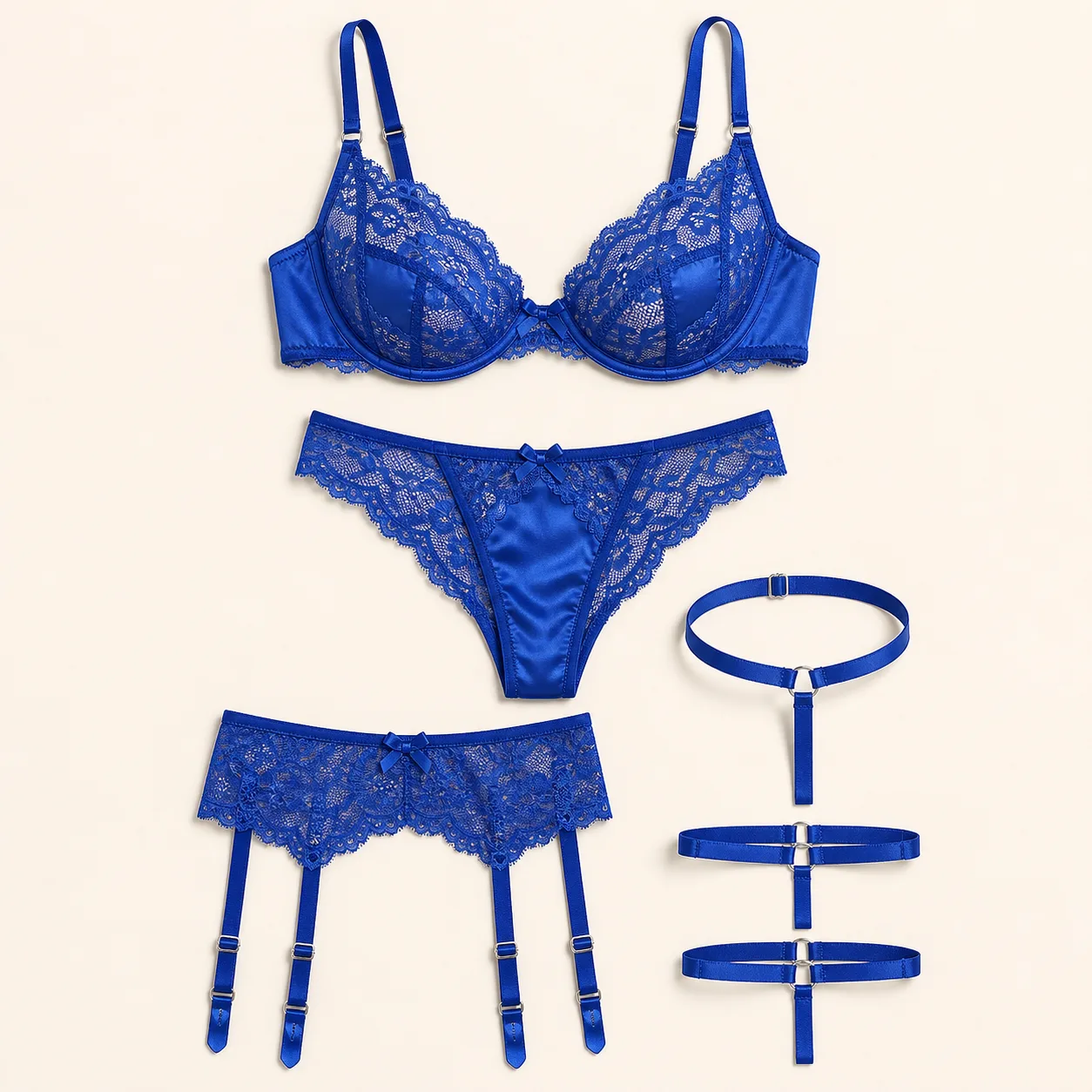 DL2431 Royal Blue Four-Piece Garter Lingerie Set: S-L