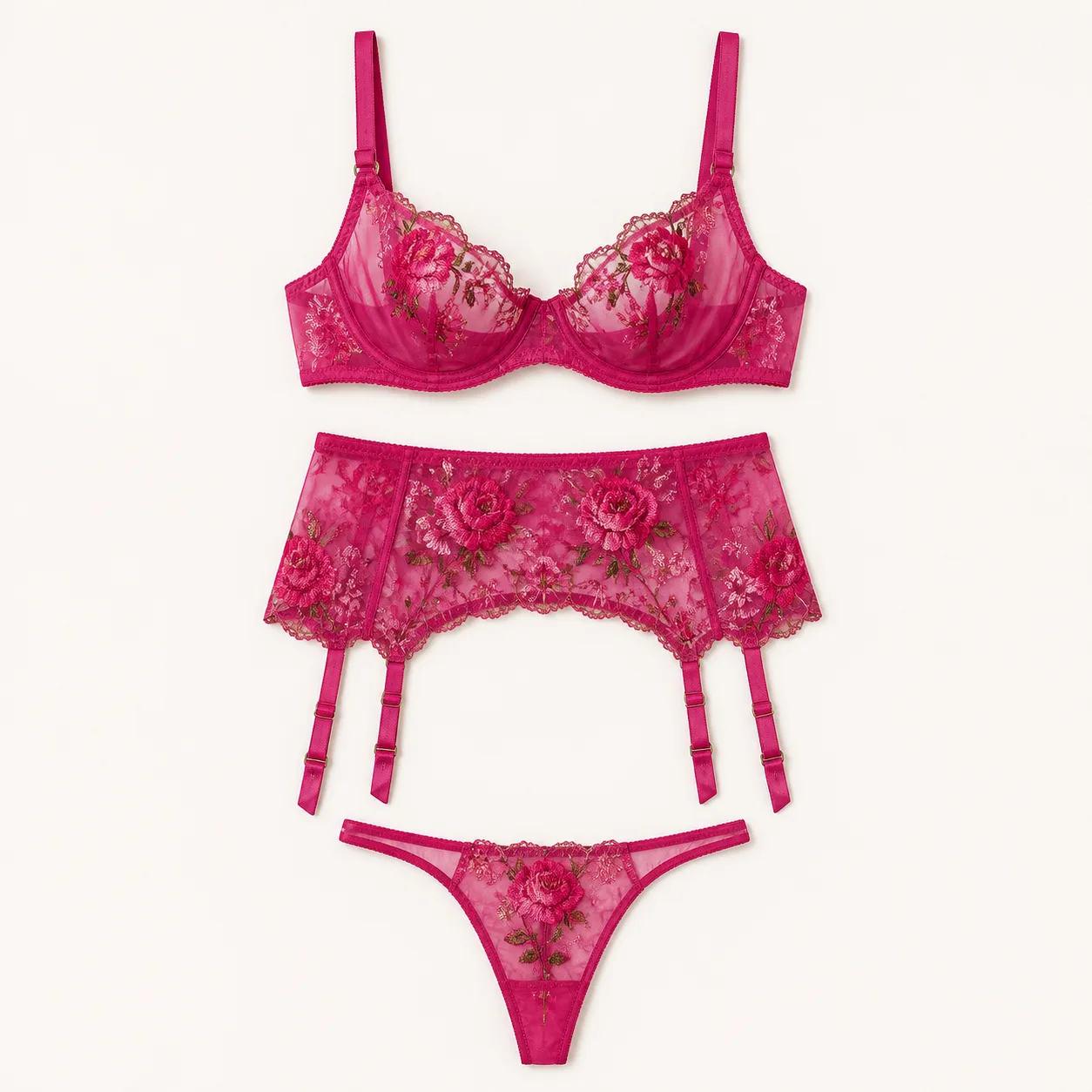 DL4922 Fuchsia Floral-Embroidery Three-Piece Lingerie Set: S-L