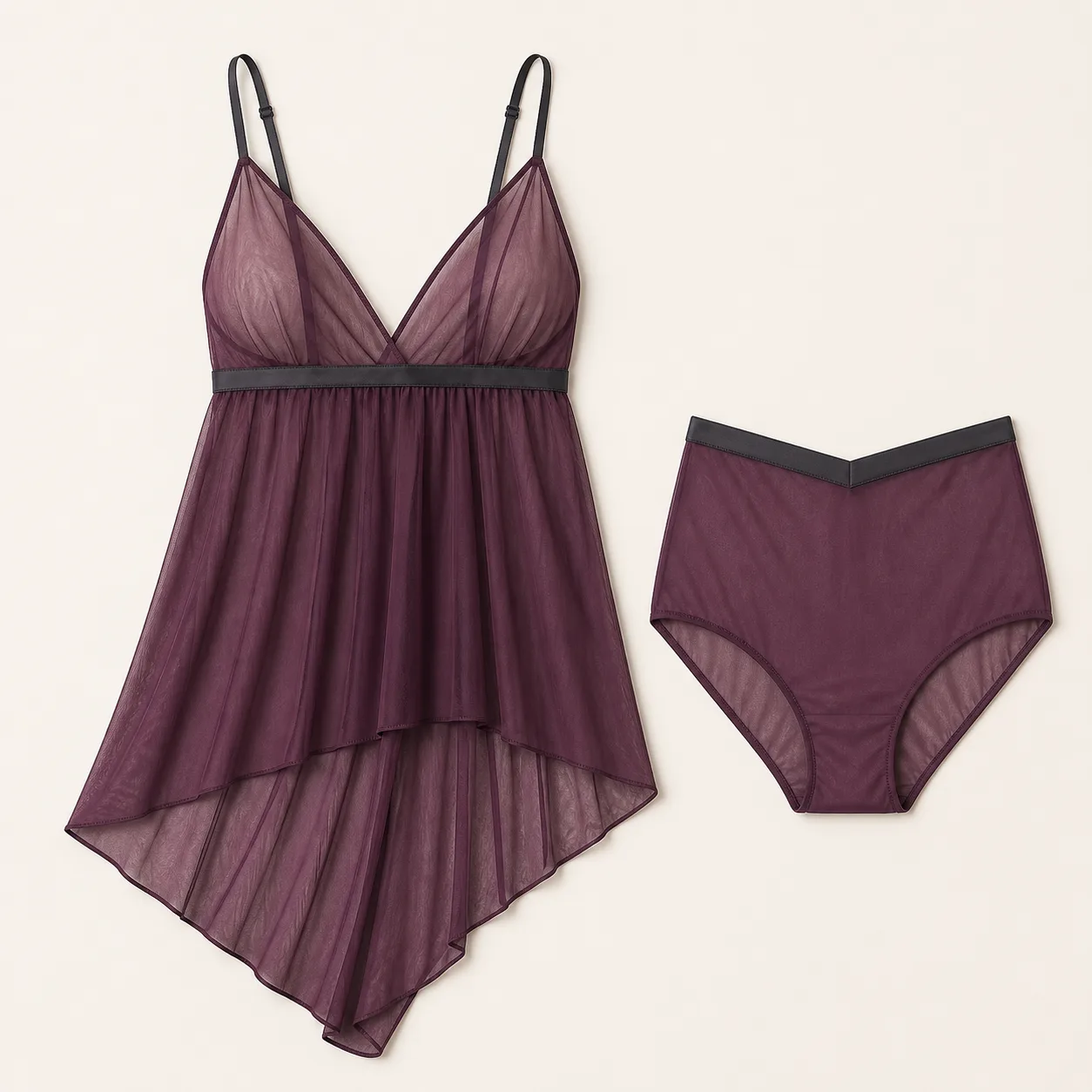 Double-Layer Asymmetric-Hem Mesh Babydoll and High-Waist Brief Set