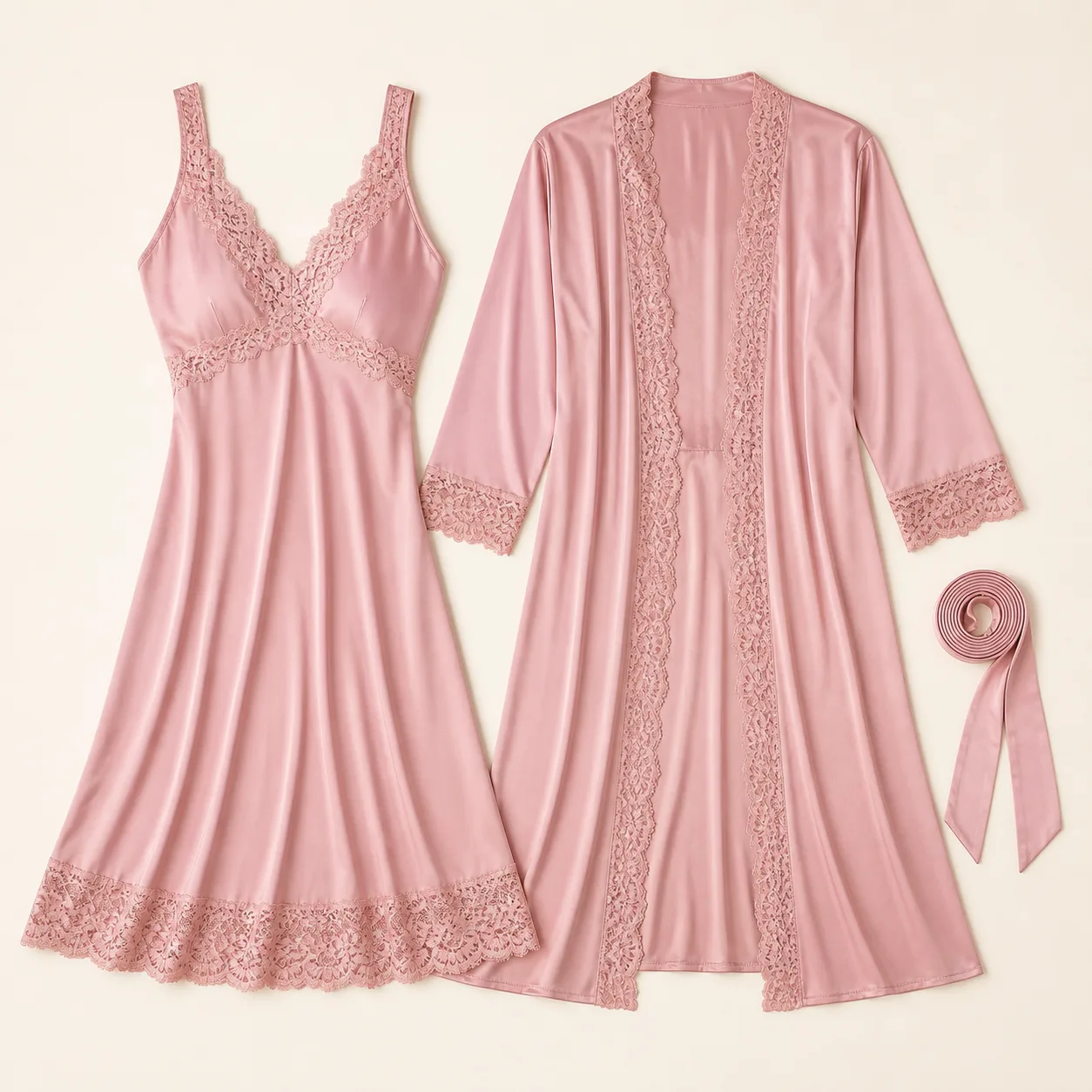 Extended-Size Lace-Trim Satin-Look Slip and Robe Set - 4 Colours