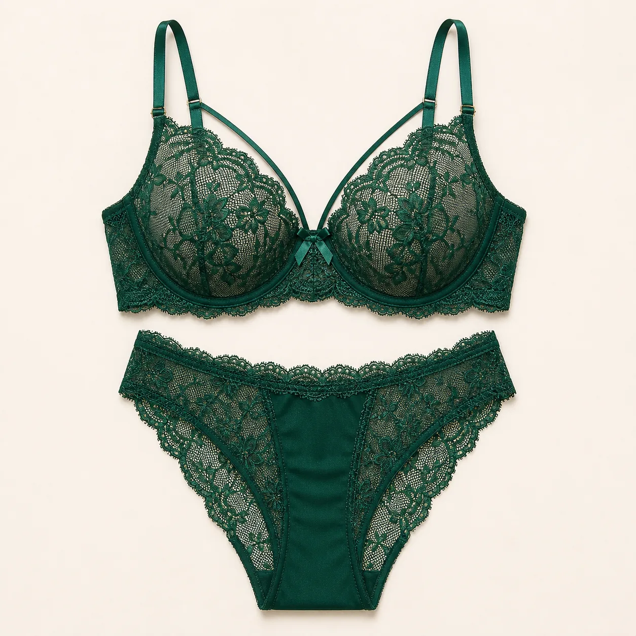 Emerald-Green Floral-Lace Underwire Bra and Brief Set