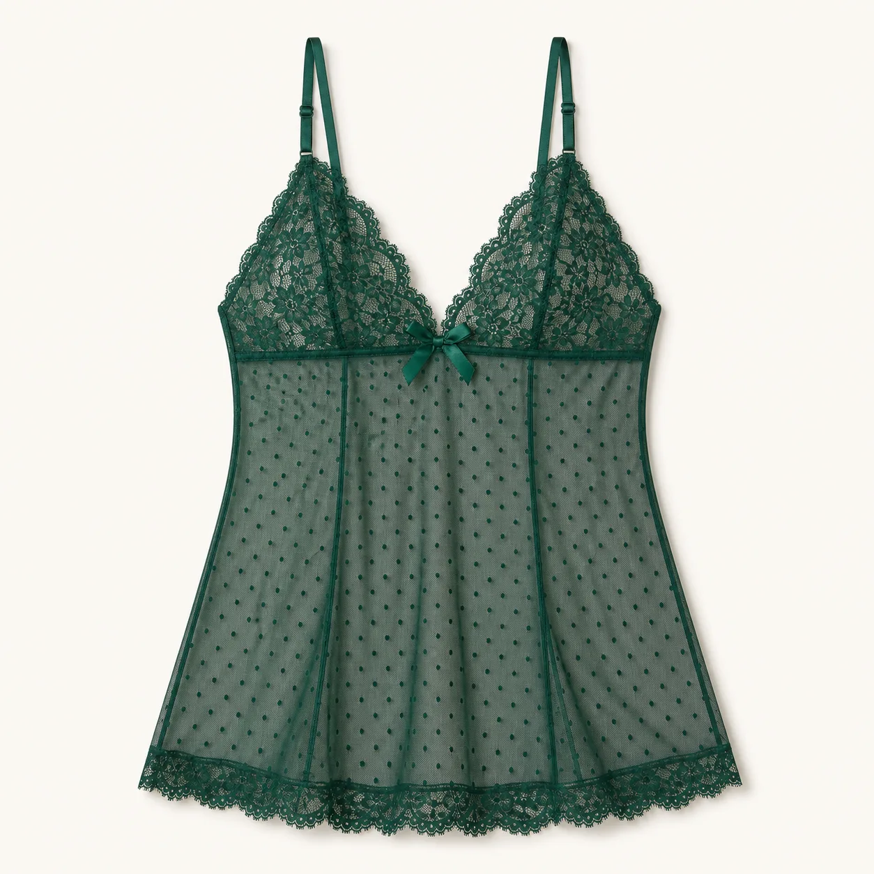 Emerald Polka-Dot Mesh Babydoll with Floral-Lace Cups and Centre Bow