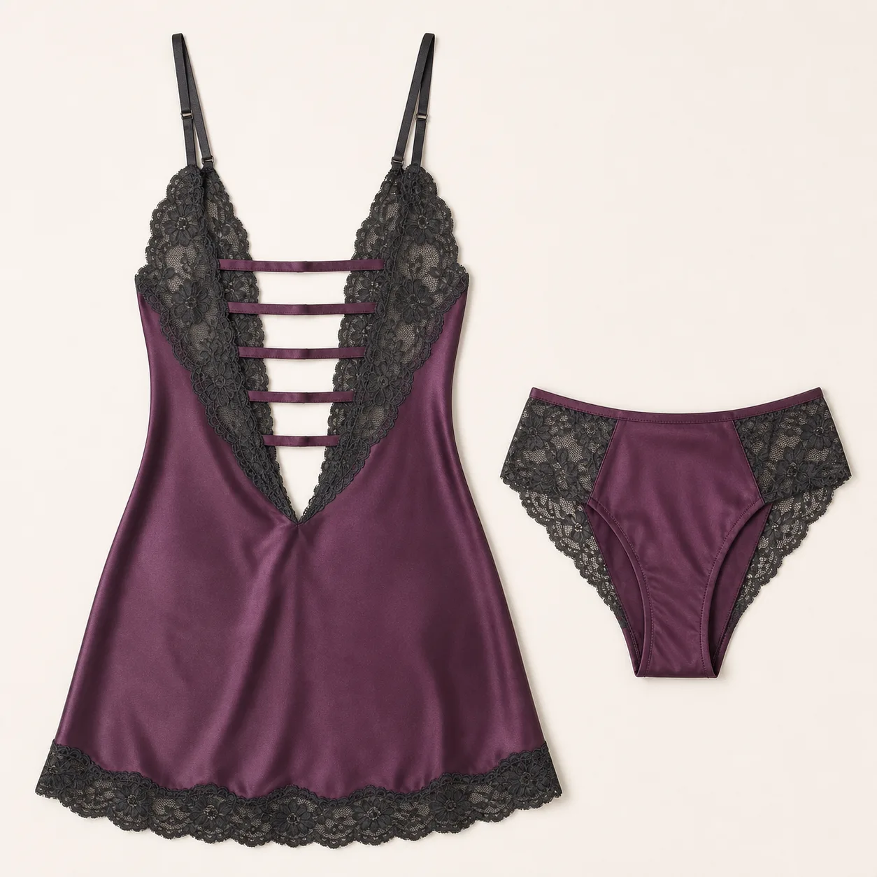 Five-Ladder-Back Satin-Look Chemise with Floral-Lace V-Back and High-Leg Brief