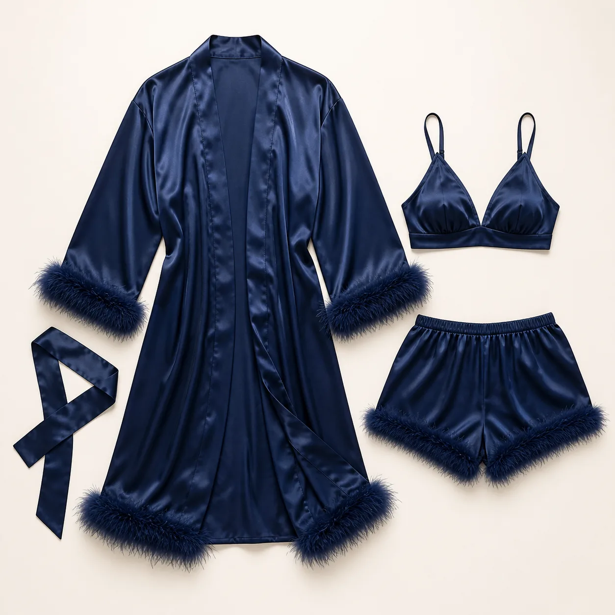 FL-125 Deep-Blue Feather-Trim Satin Robe Set: XS-5XL
