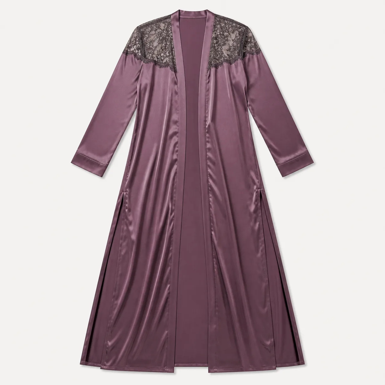 Floor-Length Satin Duster Robe with Floral-Lace Shoulder Yoke and Twin Side Slits