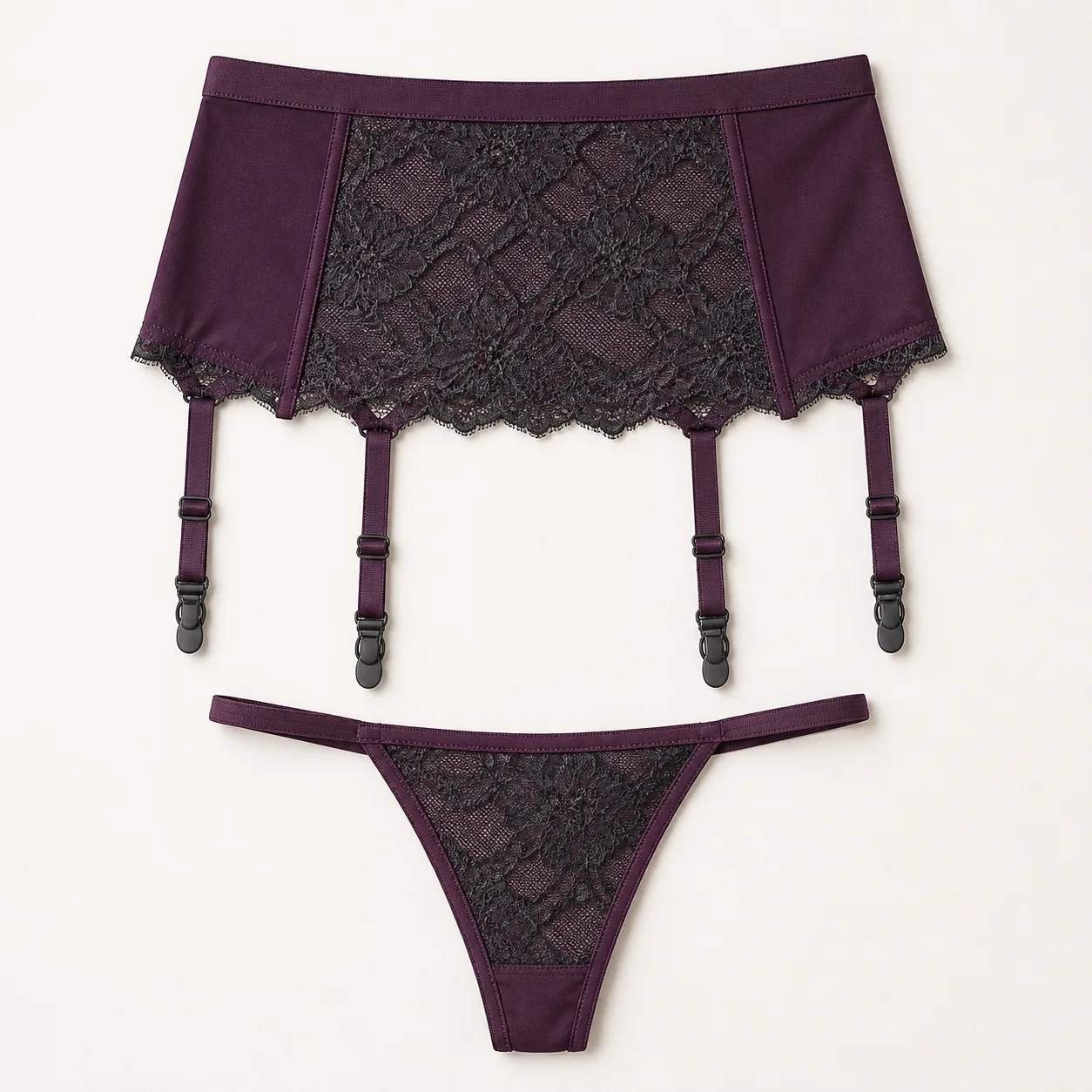 Four-Strap Scallop-Lace Garter Belt and Thong Set