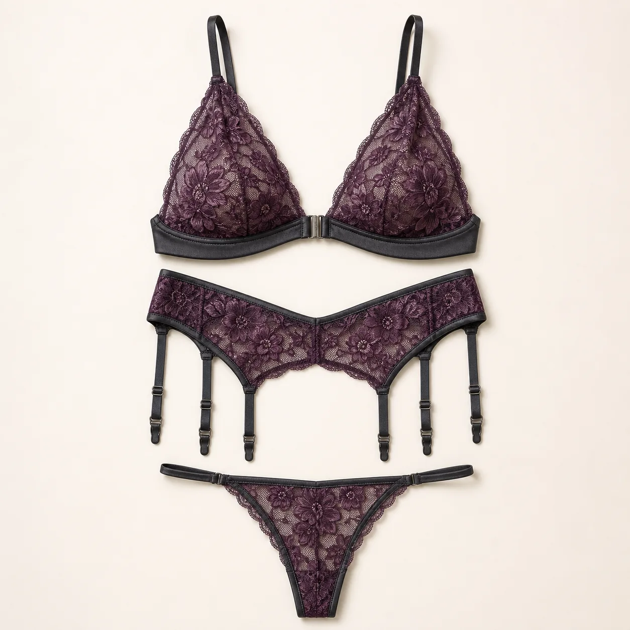 Front-Clasp Crescent-Lace Bralette, Six-Strap V-Waist Garter Belt and Thong Set