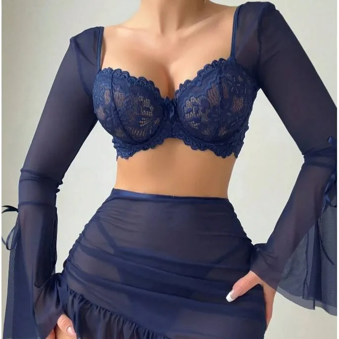 Yelang Deep Navy Three-Piece Sheer Lingerie Set - Image 4