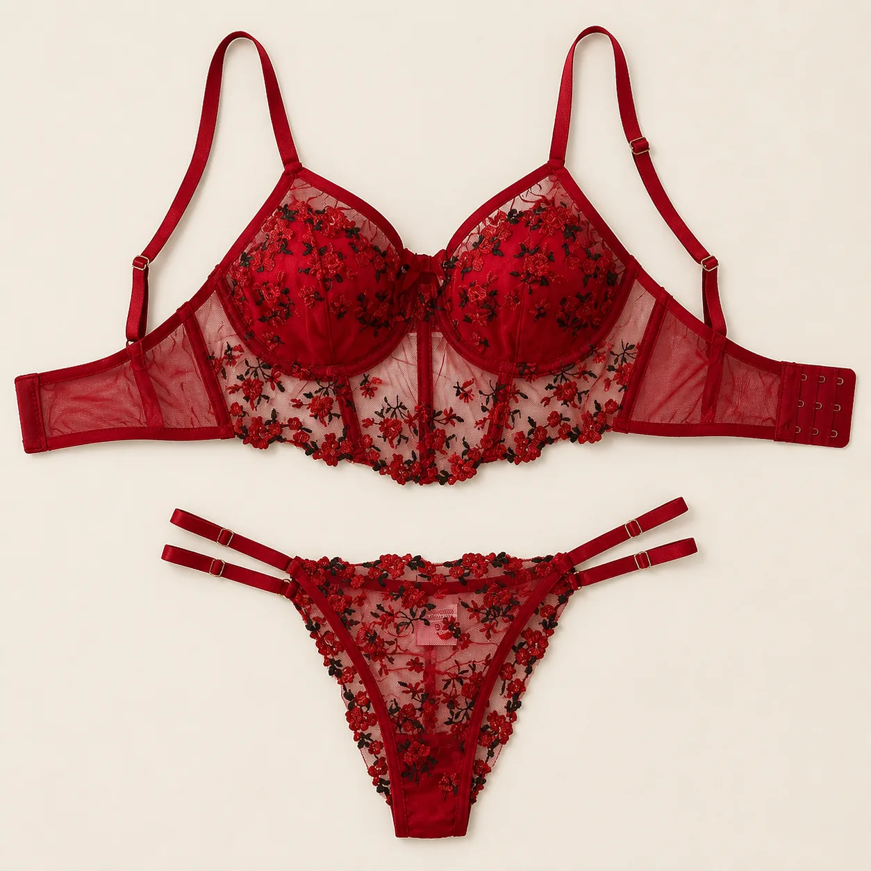 Shufuyuan H3715 Red Floral-Embroidered Longline Bra and Adjustable-Strap G-String Set