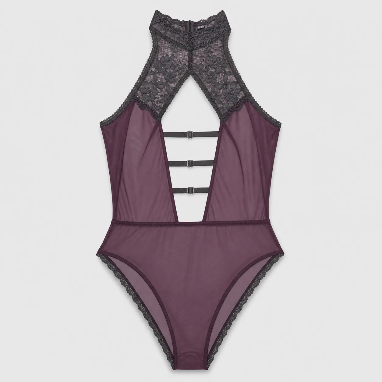 High-Neck Lace-and-Mesh Bodysuit with Inverted-V Front Cutout and Three Bridge Straps