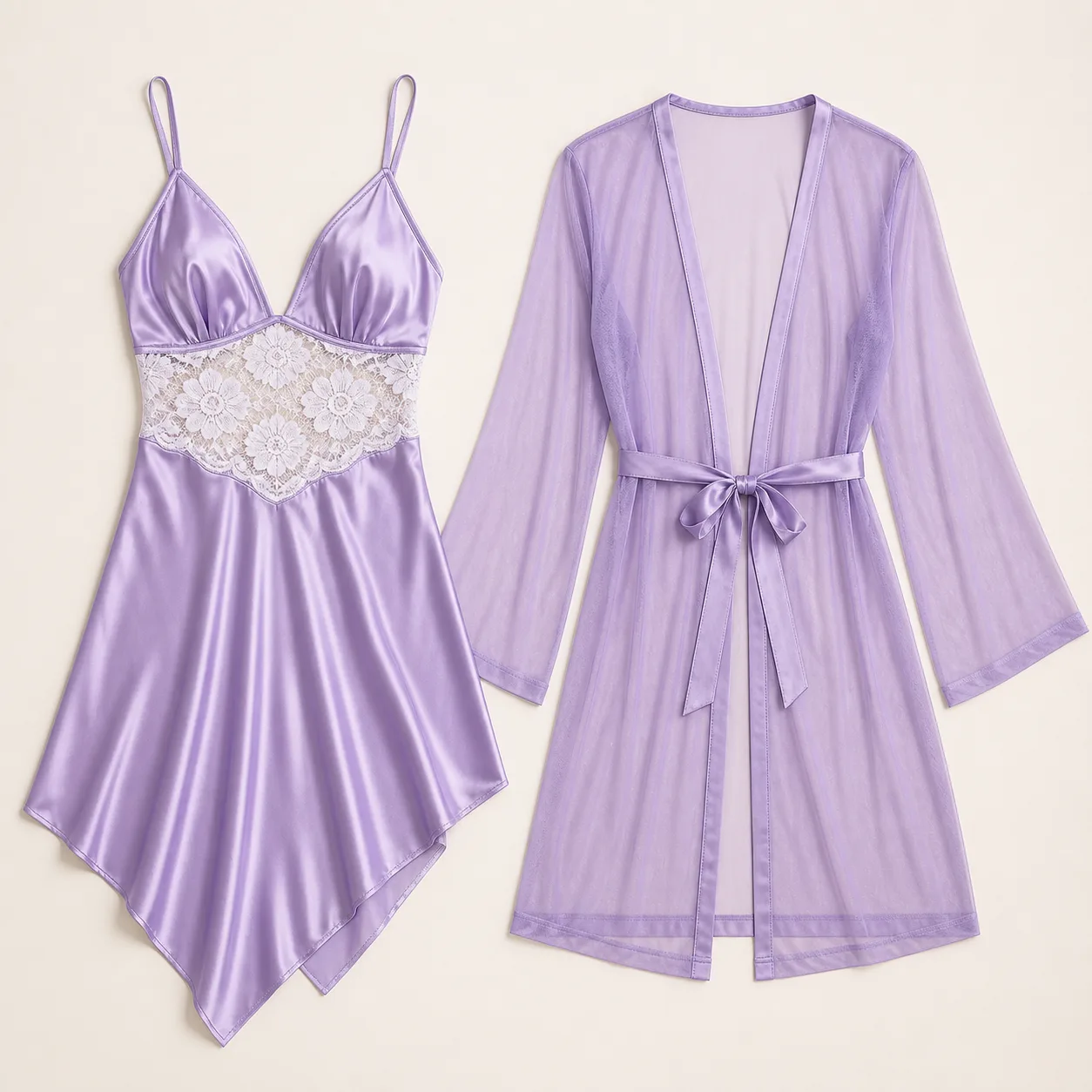 Lavender Satin Handkerchief-Hem Slip and Sheer Mesh Robe Set