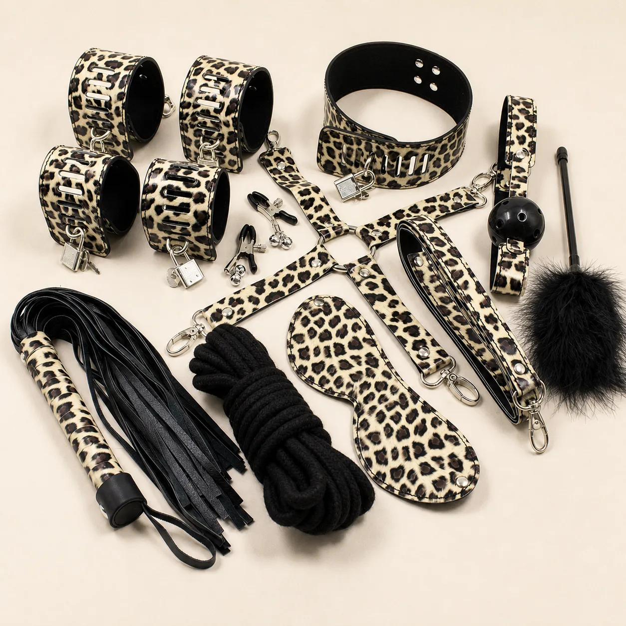 Leopard-Print Ten-Piece Bondage Kit with Locking Cuffs, Blindfold and Rope