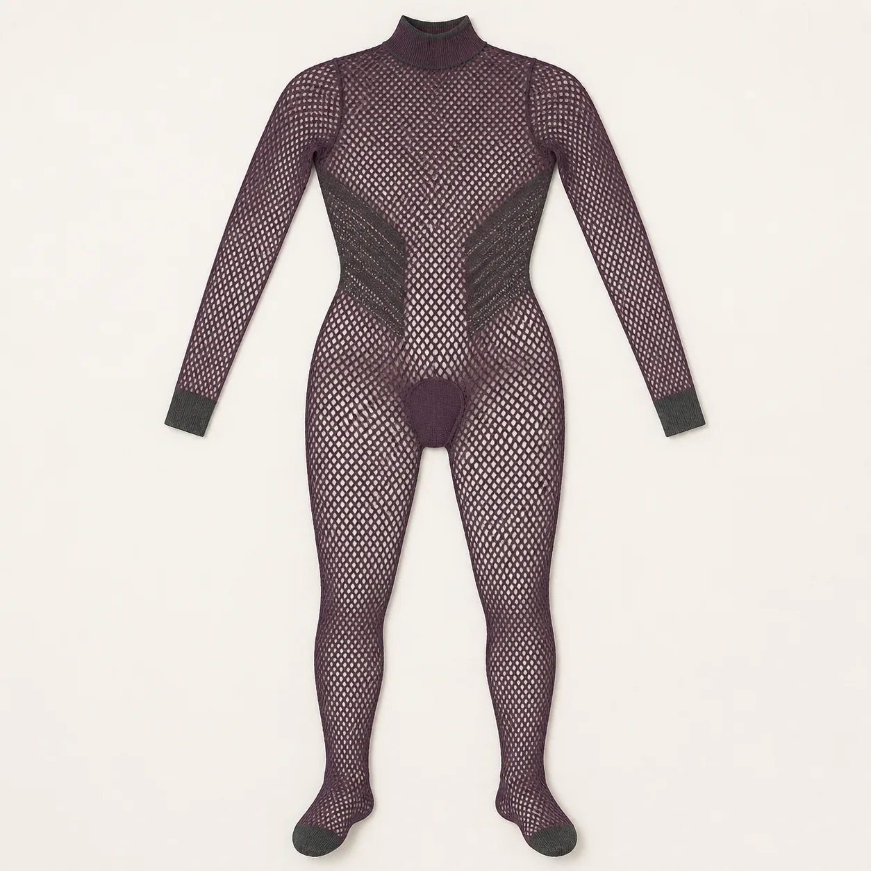 Mock-Neck Long-Sleeve Diamond-Net Bodystocking with Twin Chevron Waist Panels