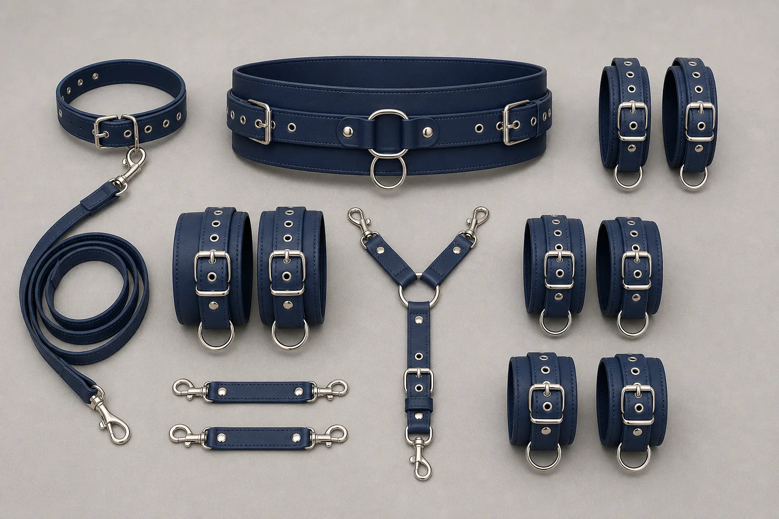 Navy and Silver Seven-Piece Bondage Set with Cross Connectors