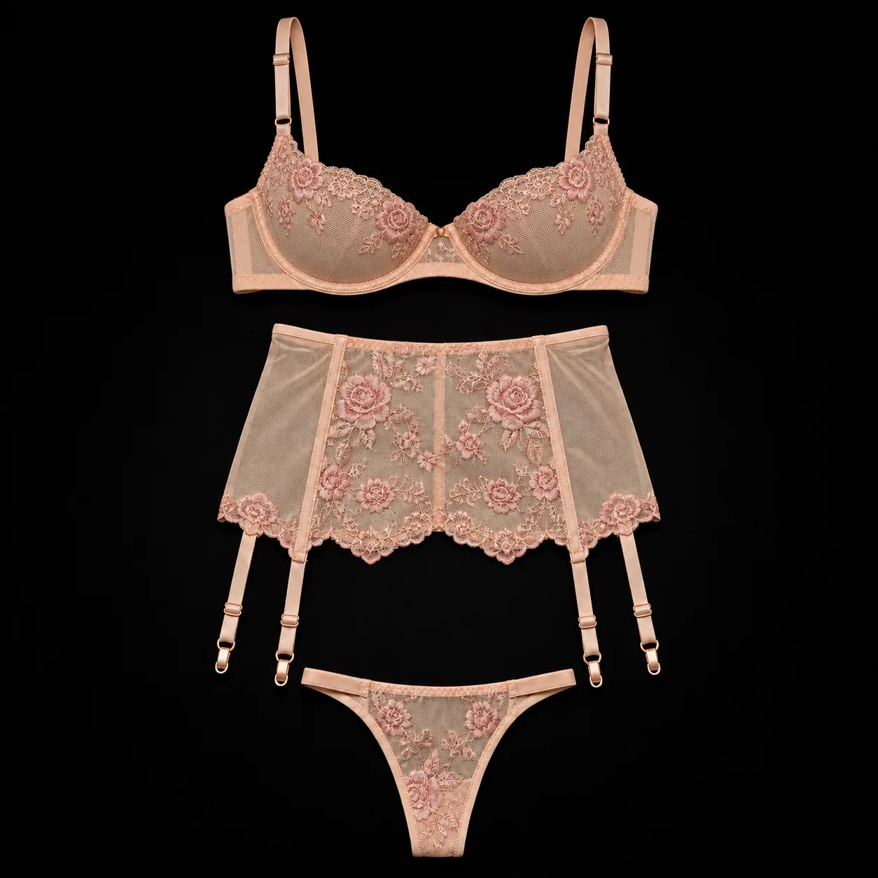 Peach Rose-Embroidery Bra with High-Waist Garter Belt and Matching Brief