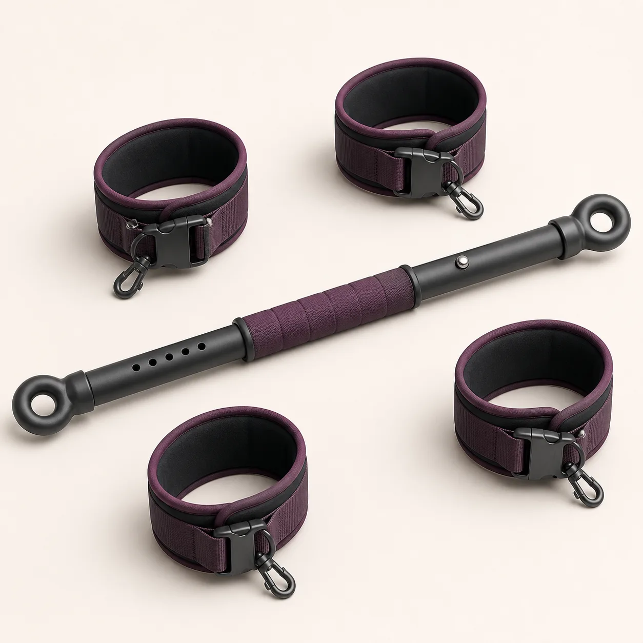 Pin-Indexed Telescoping Spreader Bar with Rotating Eyes and Four Cuffs