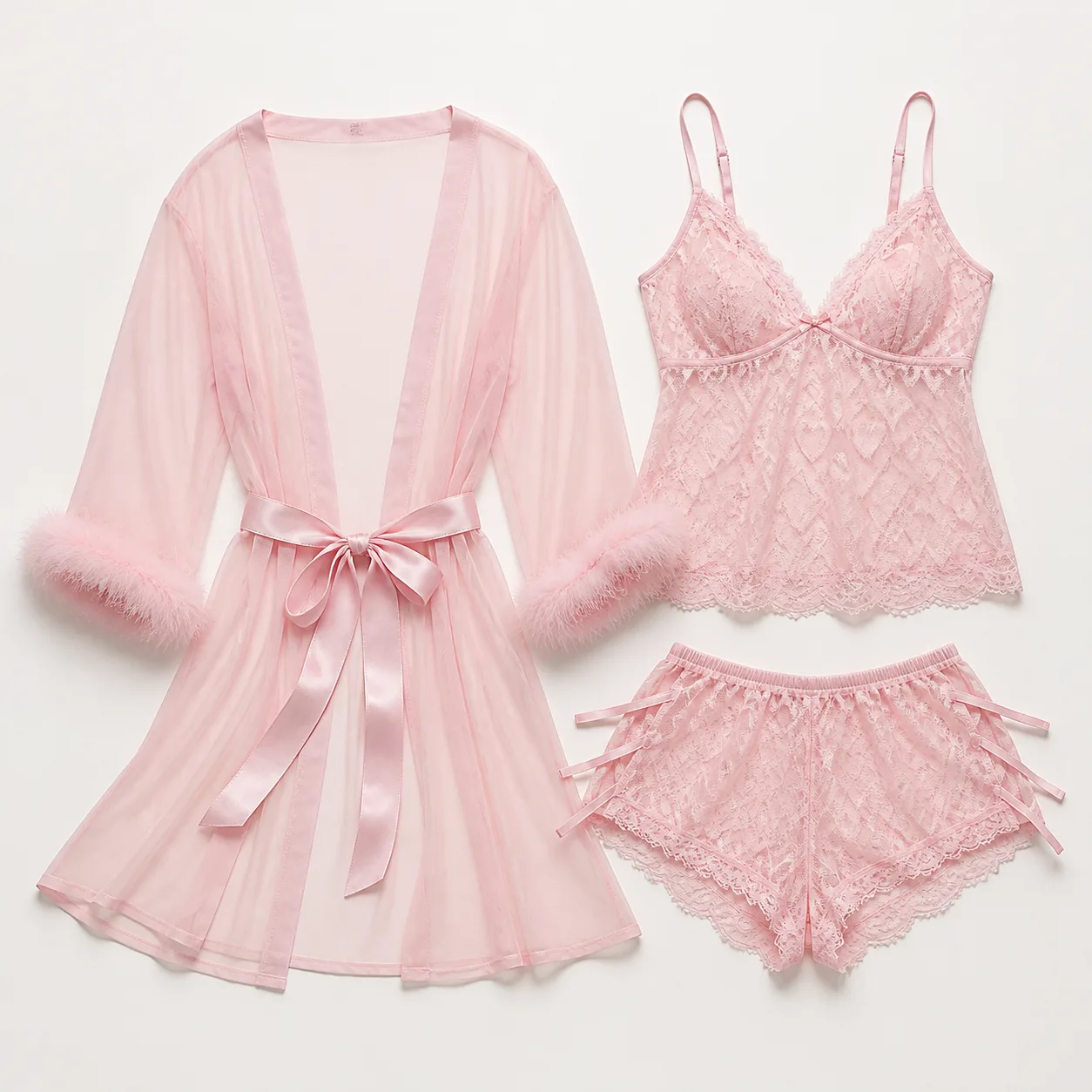 SMOOTH ZQ040 Sheer Lace Kimono, Bra and Panty Set: 2 Colours