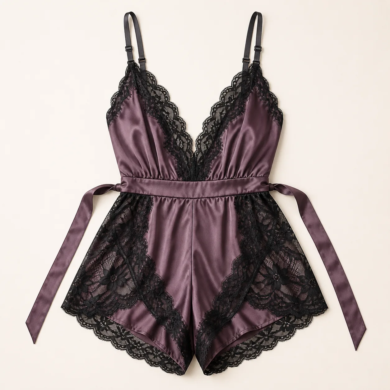 Plunge-Neck Satin-and-Lace Romper with Twin Waist Ties and Scalloped Flutter Shorts