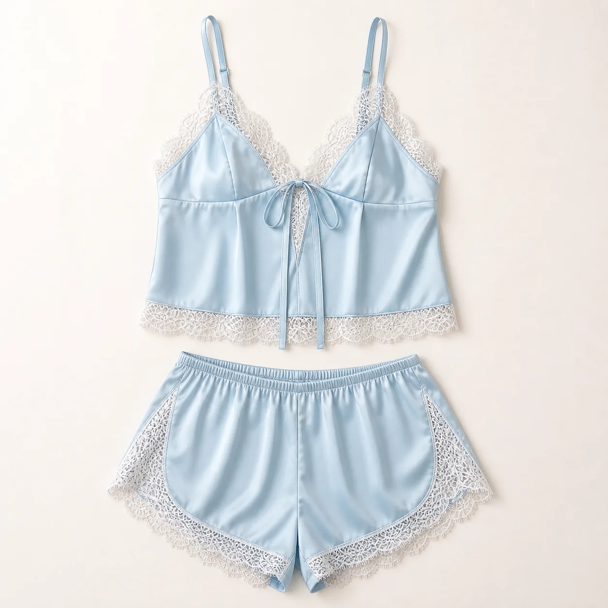 Powder-Blue Satin Cami and Shorts Set with White Scalloped Lace and Centre Tie
