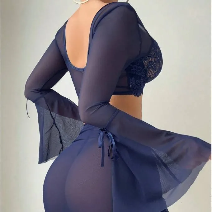 Yelang Deep Navy Three-Piece Sheer Lingerie Set - Image 2