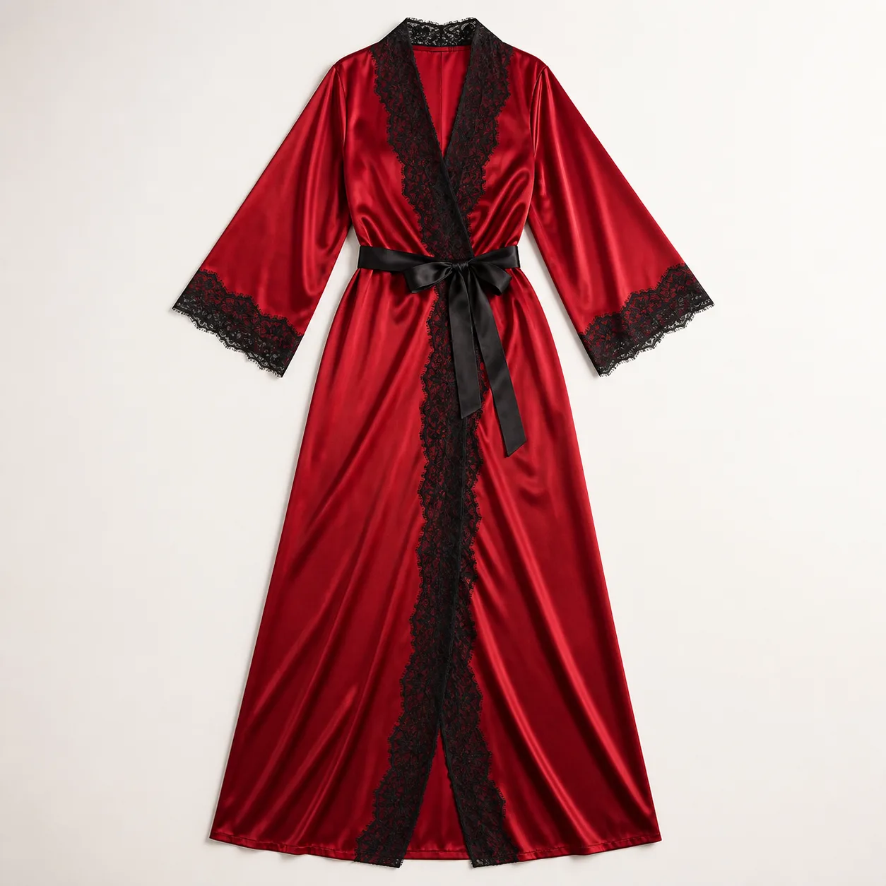 Red Satin-Look Black Lace Long Kimono Robe