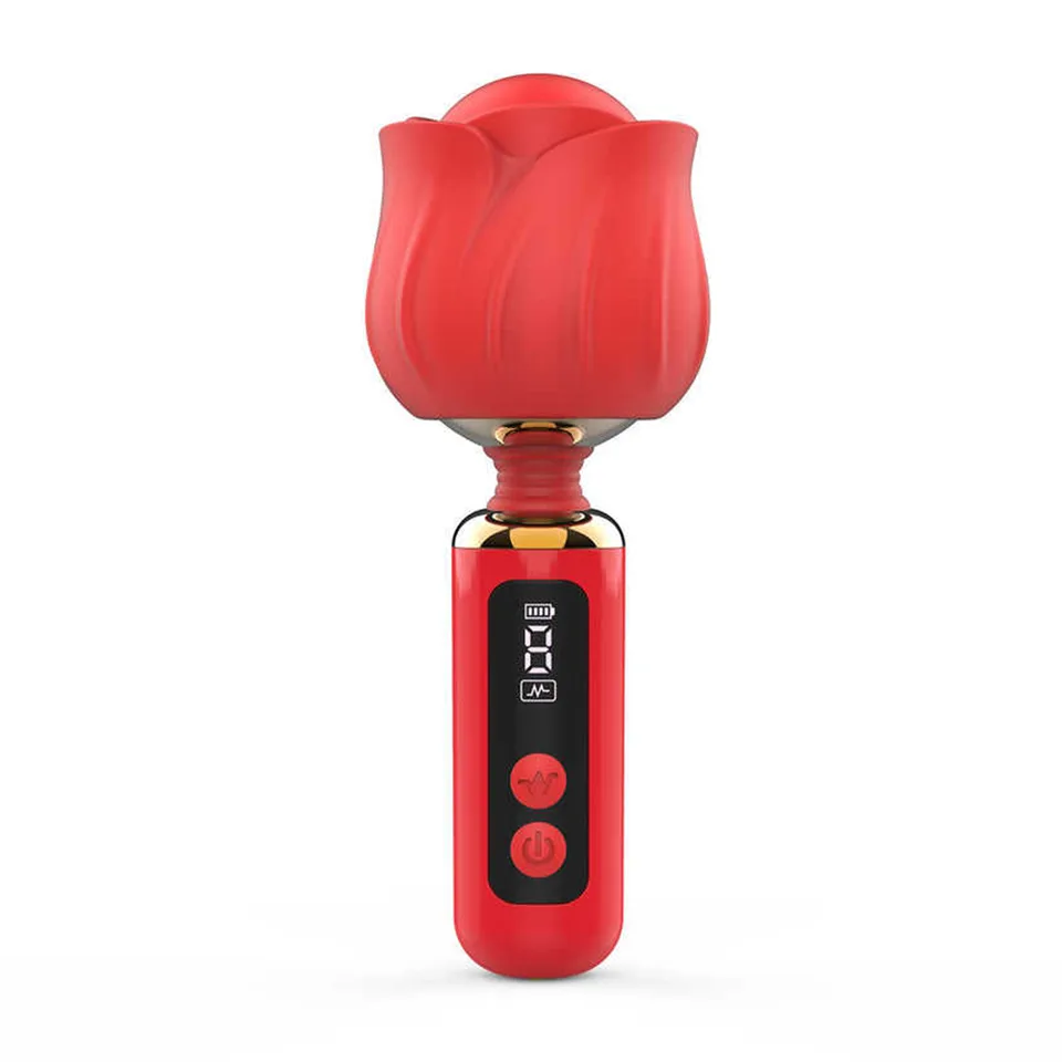 Red Rose-Head LCD 9-Mode Rechargeable Wand Vibrator