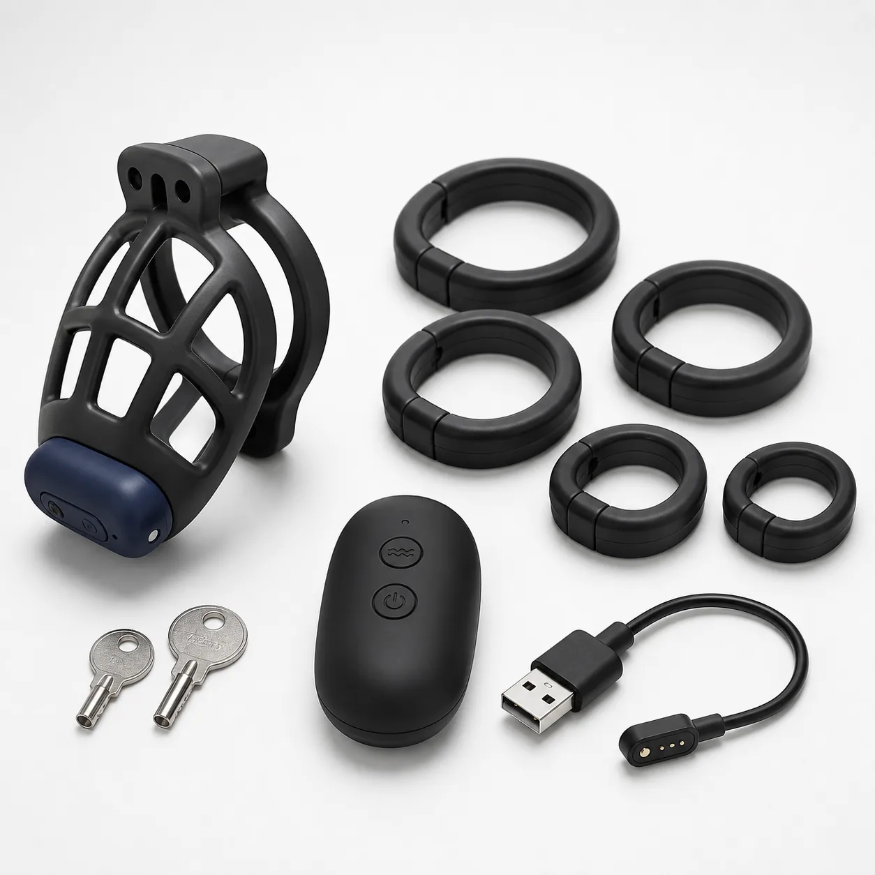Remote Vibrating Chastity Cage with Five Fit Rings