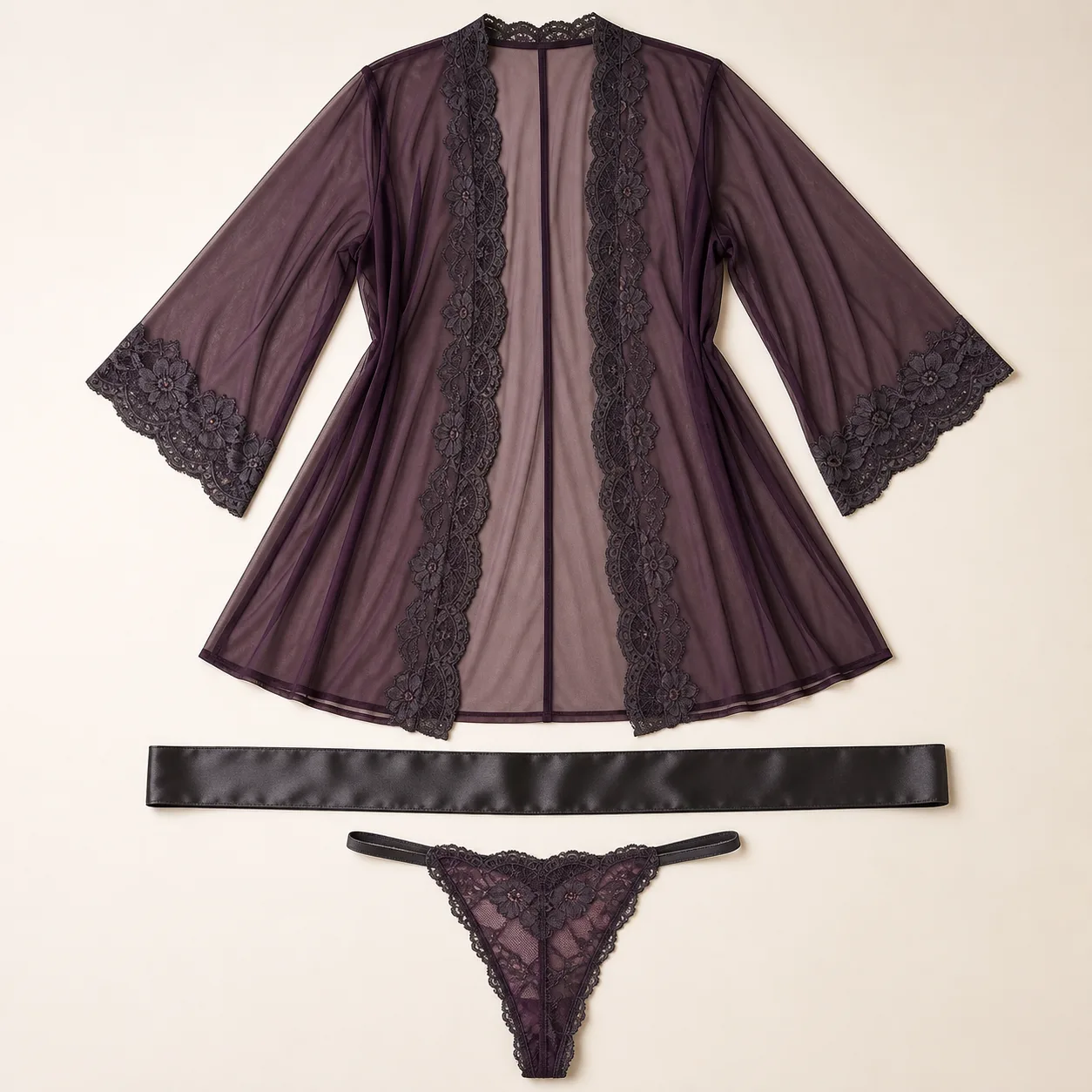 Scallop-Lapel Bell-Sleeve Mesh Robe, Satin Belt and Thong Set