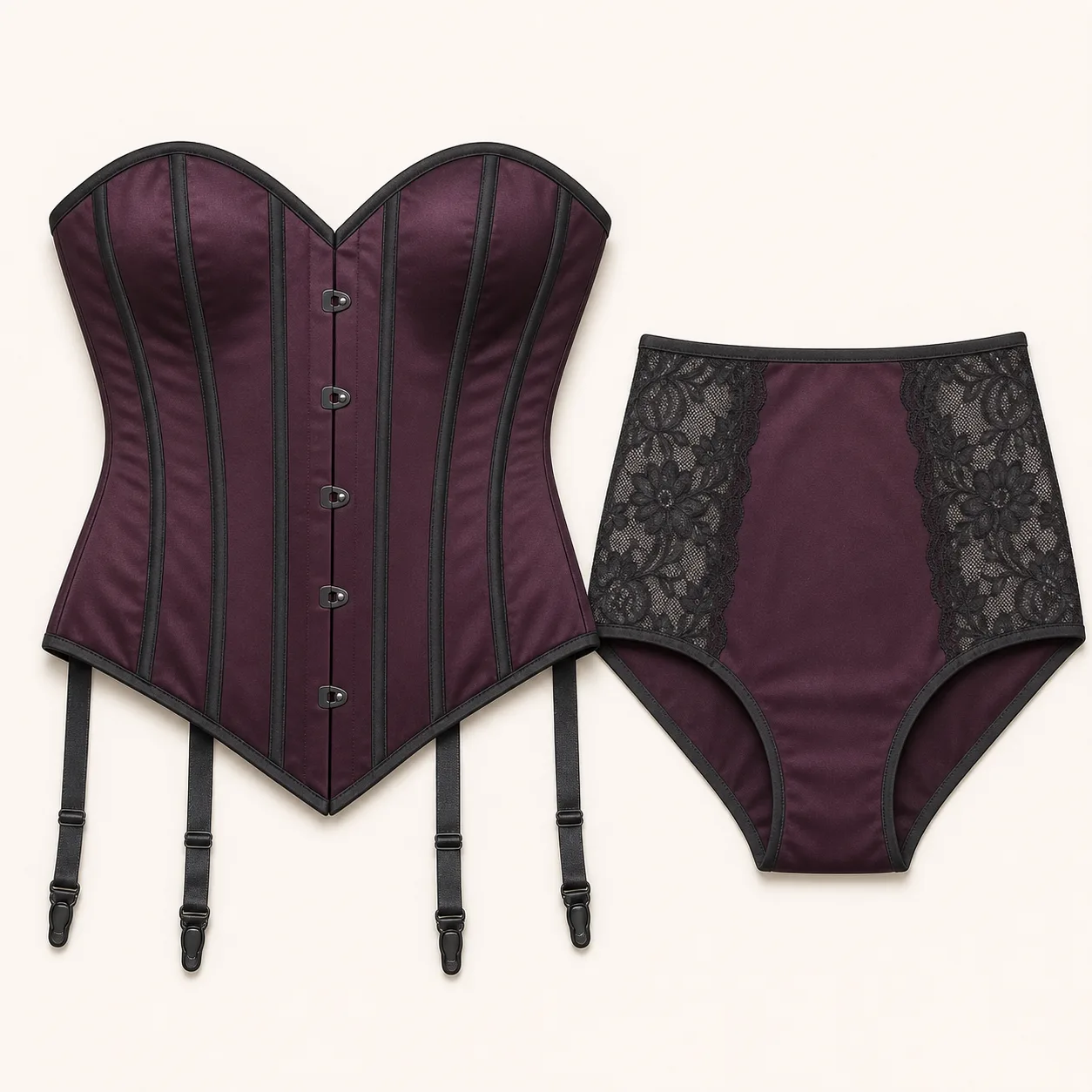 Seven-Channel Sweetheart Overbust Corset with Five-Clasp Busk, Four Detachable Garters and High-Waist Brief