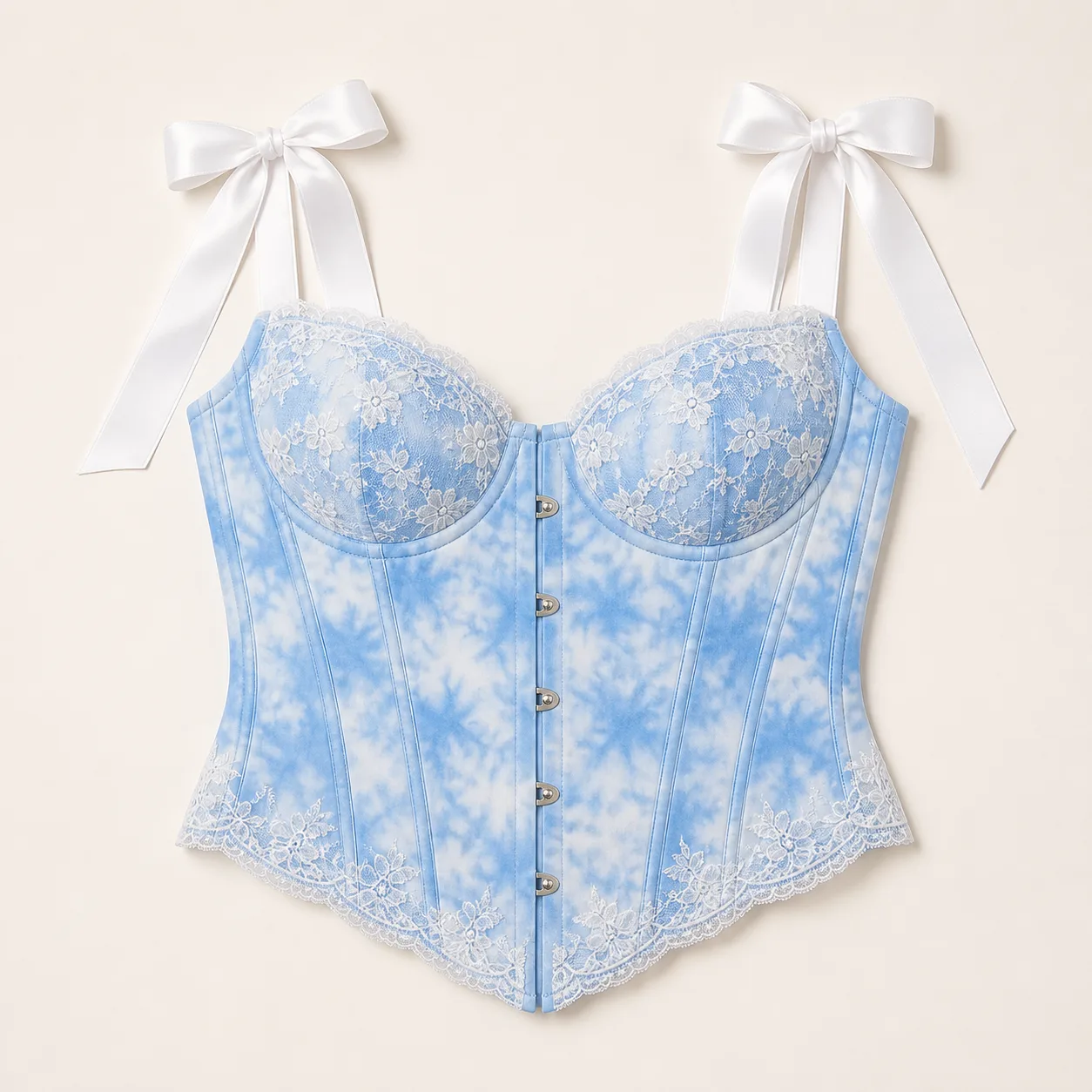Sky-Blue Tie-Dye Lace Ribbon-Strap Corset Bustier