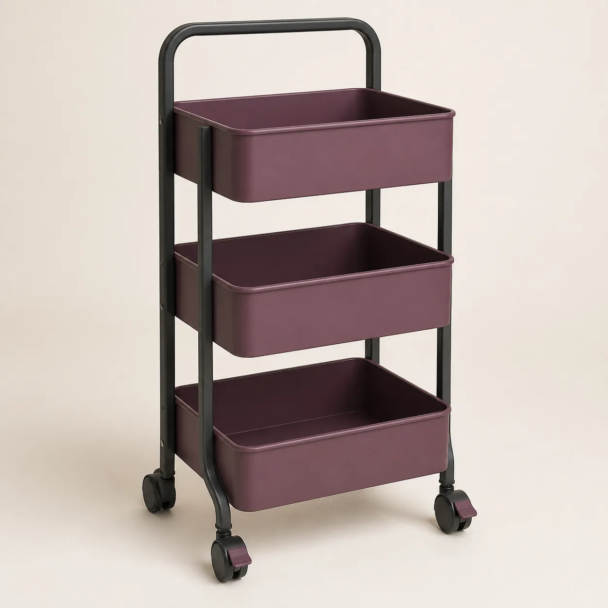 Slim Three-Tier Care-Supply Rolling Cart with Opaque Trays