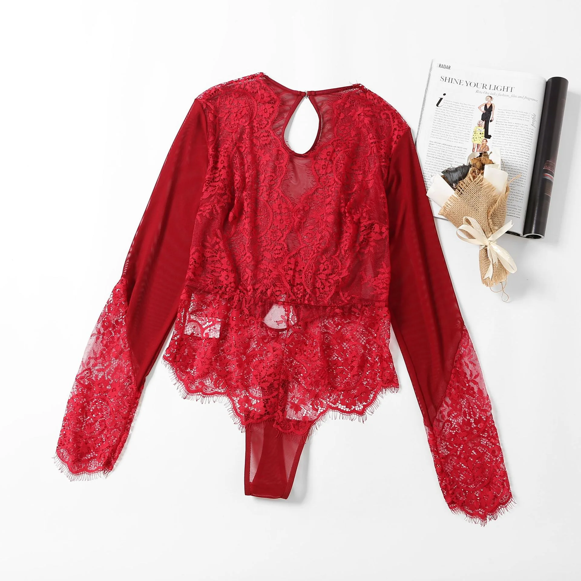 SMOOTH 706 Burgundy Long-Sleeve Lace Bodysuit: 1XL-4XL