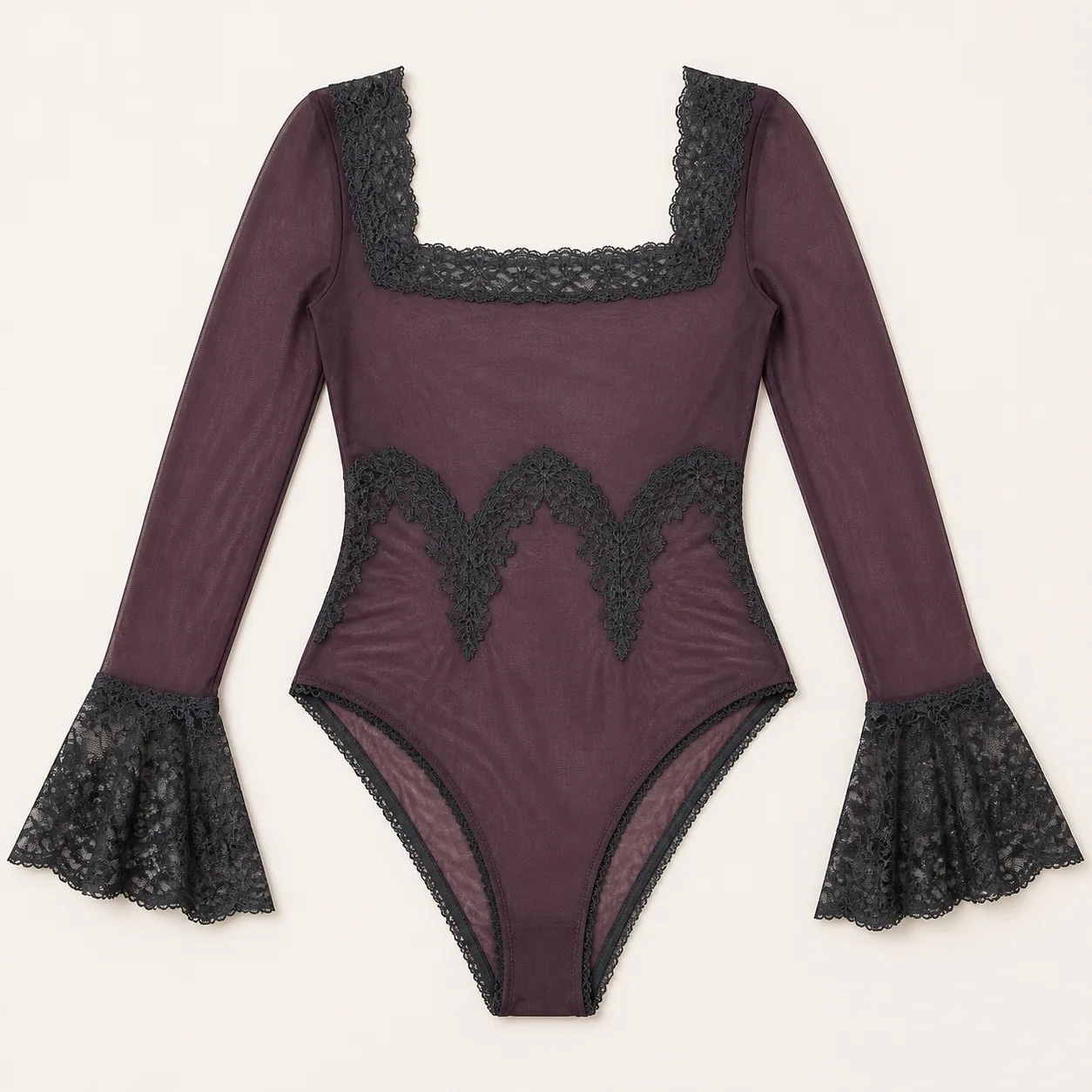 Square-Neck Long-Sleeve Lace Bodysuit with Three-Arch Waist Yoke and Scalloped Bell Cuffs