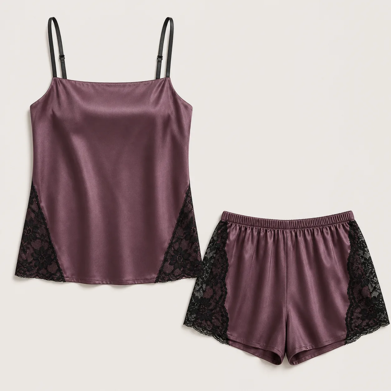 Square-Neck Satin Camisole with Twin Lace Side Godets and Scalloped Tap Shorts