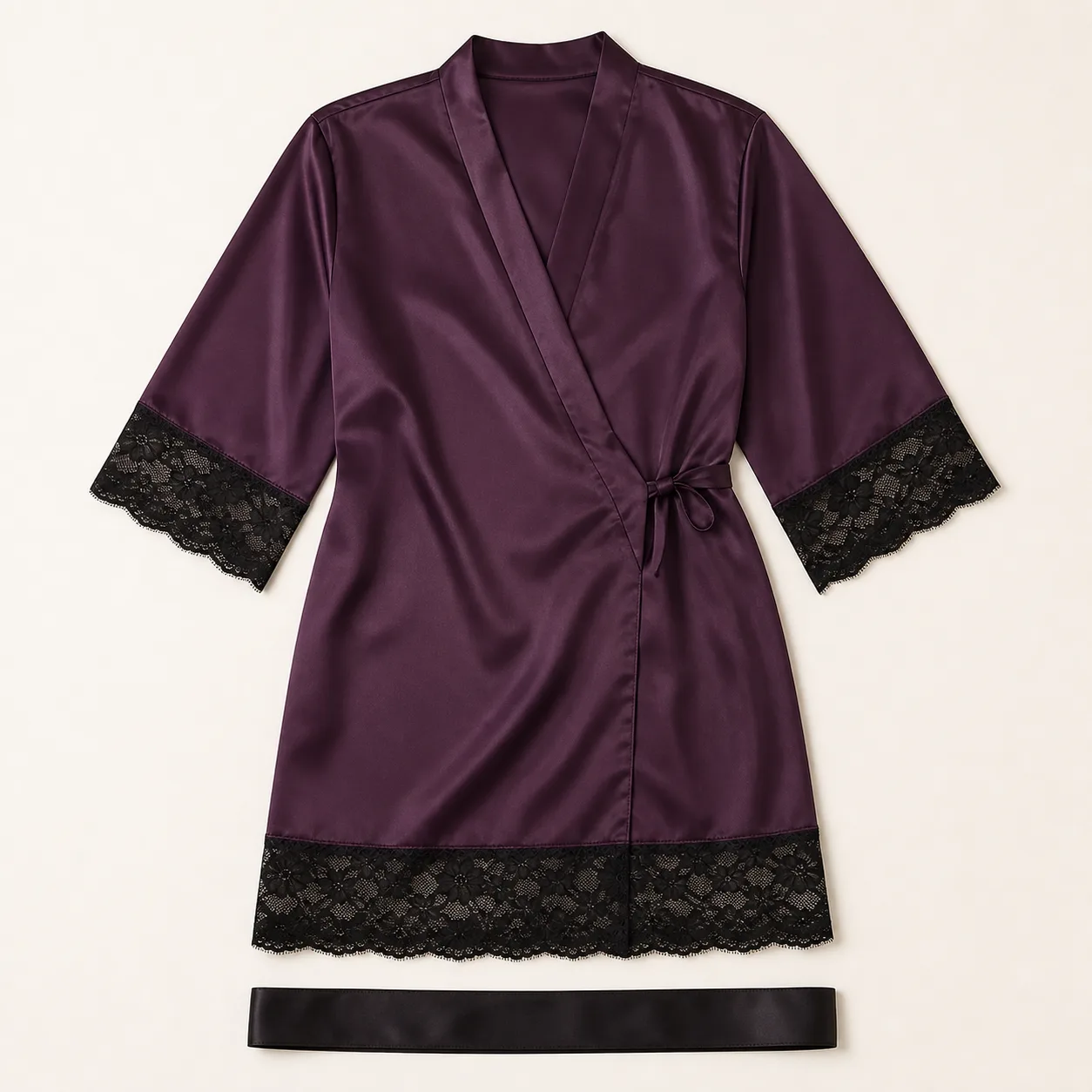Three-Band Lace-Trim Satin Wrap Robe