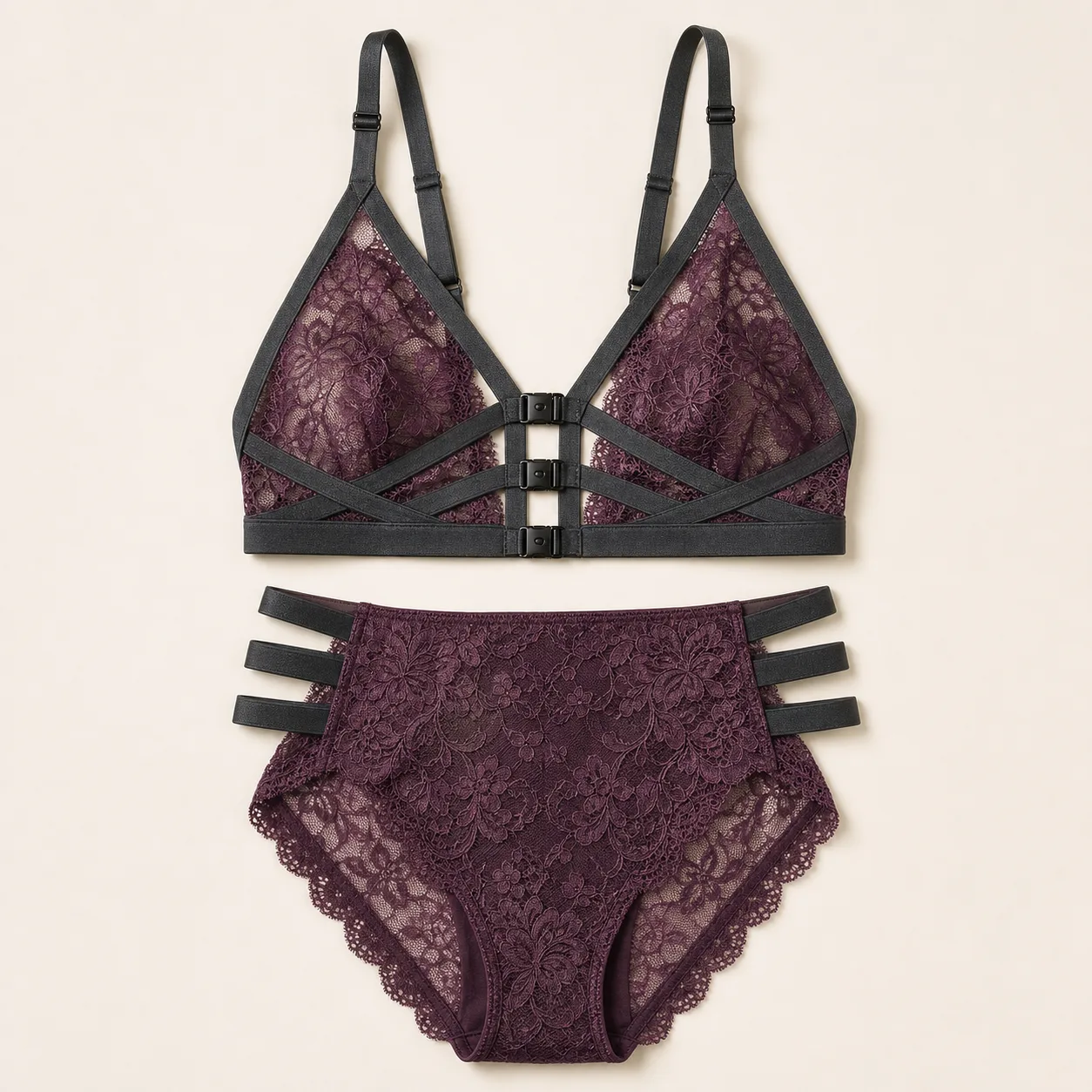 Three-Buckle Harness-Frame Bralette and Triple-Strap High-Waist Brief Set