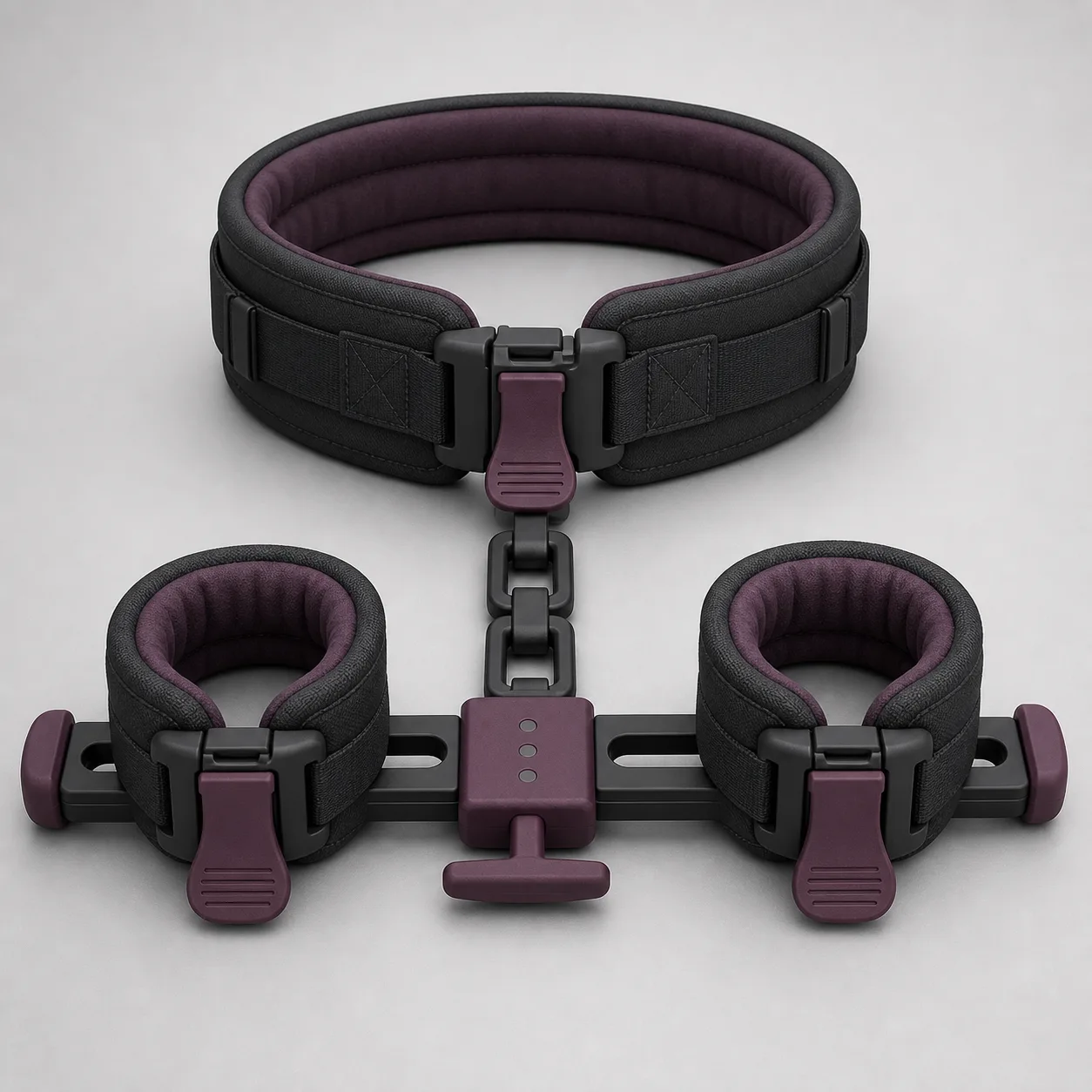 Three-Link Floating Posture Collar Restraint with Twin Sliding Wrist Cuffs