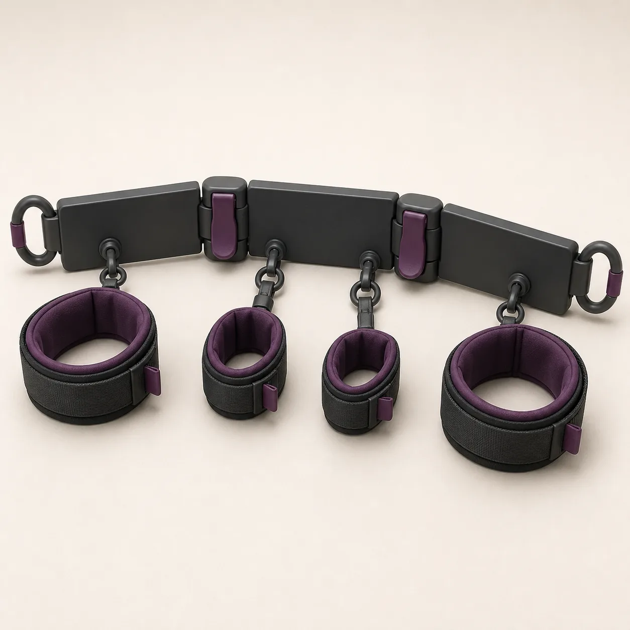 Three-Panel Folding Spreader Bar with Guarded Locks and Four Padded Cuffs